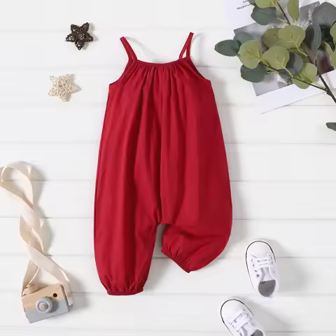 PatPat 100% Cotton Baby Girl Loose-fit Solid Sleeveless Spaghetti Strap Harem Pants Overalls Soft an