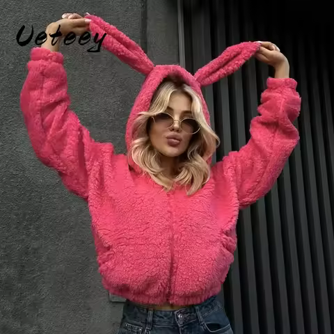 Ueteey Cute Women Pink Lambs Wool Rabbit Ear Hooded Jacket Warm Fluffy Plush Fleece Zipper Crop Jack