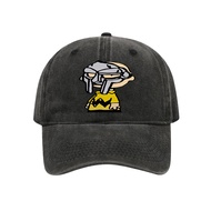 Charlie Brown wearing a MF Doom mask. Vintage washed baseball cap with printed pattern, 100% Cotton 