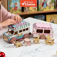 Wooden Camper Van Assembly Model – Retro RV, Fresh Colors, Desktop Decor, DIY Toy, Non-Electric Gift