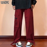 Suikone กางเกงวินเทจ กางเกง ชายขายาว กางเกงคาร์โก้ชาย กางเกง ขายาว ผู้ชาย กางเกงคาร์โก้สีแดง