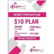 Geenet Prepaid $10 Plan – 200GB Local Data | 1GB Malaysia/Indonesia Roaming | 1000 Mins Calls | 100 