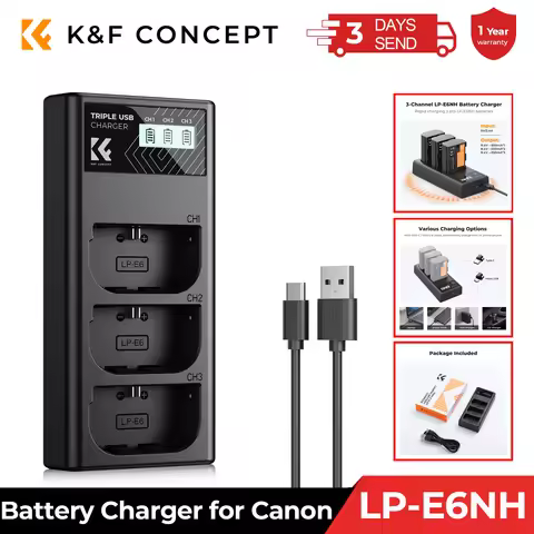 K&F Concept LP-E6NH Charger 3-Slot R7 Battery Charger with LCD Display for Canon EOS R5 R6 R7 5D 6D 