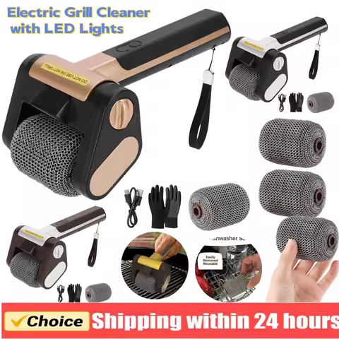 1set Electric Stainless Steel Roller Grill Cleaner Brush w/ Replaceable Brush Heads With LED Light H