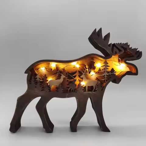 2023 New DIY Wood Elk Brown Bear Ornament Decoration Home Wooden Brown Bear Light Craft Ornament Dec