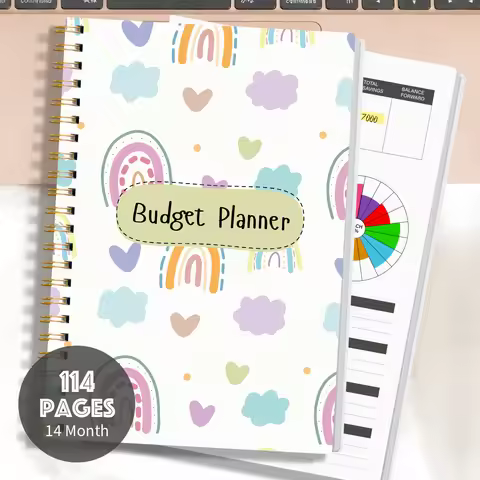1PC A5 Budget Planner Book with Pastel Rainbow Design, Monthly Expense Tracker, Spiral Binding, Thic