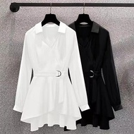 SAND Lapel V Neck Long Sleeves Irregular Hem Plus Size Women Shirt Waist Tight Adjustable Belt Pullo