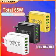 65W Fast Charger 6Ports Travel Conversion Socket 4USB+2PD Power Charging Adapter For ios Micro Type 