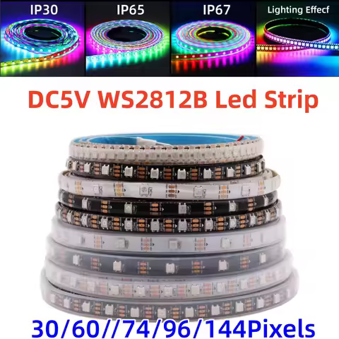DC5V WS2812B Led Strip 30/60/74/96/144 Leds Smart RGB Pixel Strip Black/White PCB IP30/65/67 WS2812 