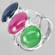 Parichat Jewelry แหวนเงินแท้ 92.5% ฝังพลอยแท้หยกจากพม่าสีเขียว ทับทิมสีแดง แซฟไฟร์สีน้ำเงิน ดีไซน์สวยงาม ไซส์ 6