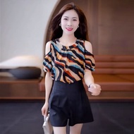 2025 Summer Womens Fashion High end Loose and Skinny Floral Chiffon Off Shoulder Simple and Casual W