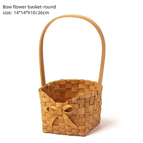 Willow Rattan Bride Flower Basket Picnic Container with Handle Bowknot Flower Basket Hand-Woven Picn
