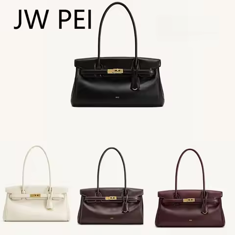 JW PEI 2026 Large Capacity Breadstick Bag Women's Soft Leather Underarm Handbag, Trendy Lock Buckle 