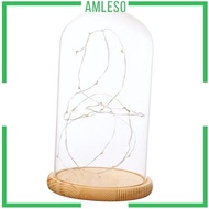[Amleso] Battery Operated LED Bedside Table Lamp with Warm Fairy Lights Glass Cloche with Wooden Base