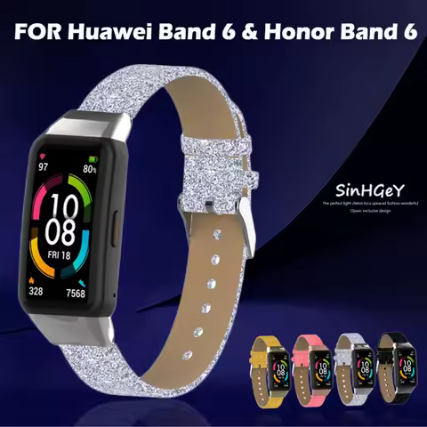 Leather Strap For Huawei Band 6 Honor Band 6 Fashion Shiny Leather Strap Printing Replacement Wristb