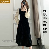 D77 Hepburn Style Gold Velvet Western Retro Base Dress - Slim Fit Spring Look