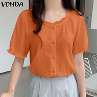 VONDA เสื้อยืดคอกลมสั้นผู้หญิงลำลองเสื้อหนามีขอบแต่งระบาย (ลำลองเกาหลี)