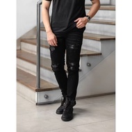 VIRREL.ID -BLACK NOIRE - Leather patch - Men's Skinny Ripped Long Jeans