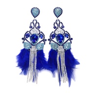 2024 Boho Blue Feather Tassel Earrings Dangle Woman Accessories Nightclub Sparkly Exaggerate Rhinest