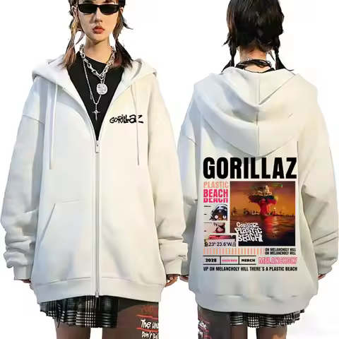 Rock Band Gorillaz The Mountain Tour 2026 Zipper Hoodie Men Women Fashion Retro Zip Up Jacket Men's