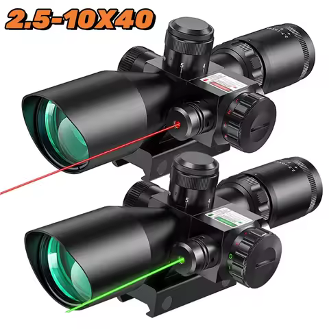 Tactical 2.5-10x40 Hunting Riflescope Red Green Illuminated Rifle Scopes W/Red Green Laser Combo Opt