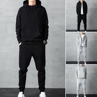1 Set Men Hoodie Pants Solid Color Ribbed Cuff Jogger Suit Autumn Winter Loose Fit Sweatshirt Sweatp