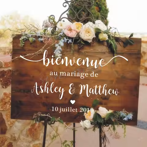French Style Wedding Mirror Vinyl Decal Custom Names Wall Sticker Wedding Welcome Sign Vinyl Murals 