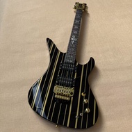 Schecter ลายเส้นสีดำสีเหลือง24เฟร็ตกีต้าร์ไฟฟ้าฝังโครงกระดูก