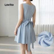 (Fashion_3) Lovito Casual Dress Tie Back Soft and Comfortable Spring/summer Blue Dress for Women L13