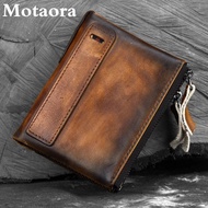 Motaora Men's Wallet Retro Cowhide Double Zipper Clutch Genuine Leather Small Purse For Male Handmade Casual Men Short Wallet