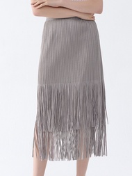 6092 One Size (45-75kg) Double Layer Tassel Gold Trim Midi Women Spring Versatile Stretch Pleated Sk