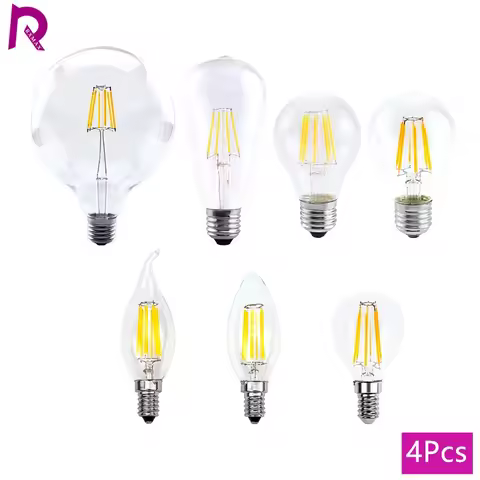 4PCS LED Edison Filament Light Bulbs Glass C35 A60 ST64 G80 G95 E27 E14 2W 4W 6W 8W AC 220V 2700K 60