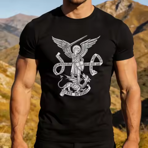 St Michael Archangel Non Serviam Graphic Shirt Medieval Engraving Style Men T-shirt Christian Faith 