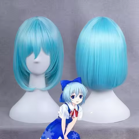 TouHou Project Cirno Cosplay Blue Wig Short Curly Heat Resistant Synthetic Hair for Women Costume Gi