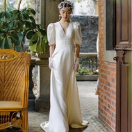 สไตล์ฝรั่งเศส น้ำหนักเบา งานแต่งงาน เดรส สีขาว พรางหุ่น เรียบง่าย การถ่ายภาพท่องเที่ยวกลางแจ้ง Fores