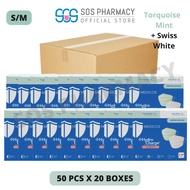 MEDICOS Slim Fit Size S/M 165 HydroCharge 4ply Surgical Face Mask Mint + Swiss White  (50's x 20 Boxes) - 1 Carton
