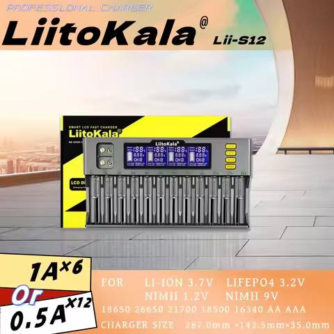 LiitoKala Lii-S12 Twelve Slot LCD Battery Charger for Li-ion LiFePO4 Ni-MH Ni-Cd 9V 21700 20700 2665