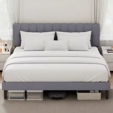 JHK Wooden Full Queen Size Bed Frame Fabric Upholstered Platform Bed with Headboard 800LBS Sturdy Wo