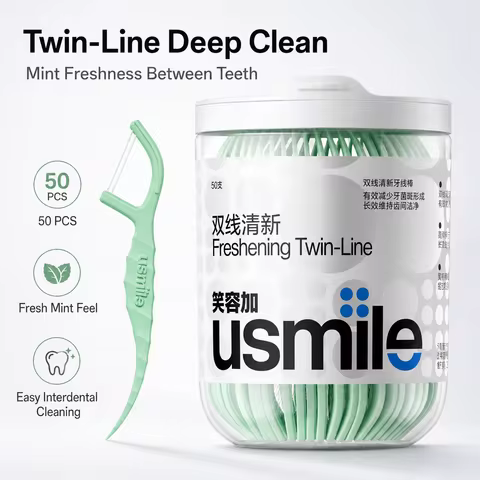 Usmile Mint Dental Floss Picks 50 Count Twin Thread Flossers Polyester Floss with Toothpick Tail Por