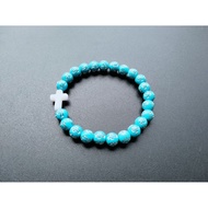 G929 PLAIN PEARL CROSS BRACELET WITH RAISED CROSS MOTIF 8MM PREMIUM CATHOLIC CHRISTIANbiru