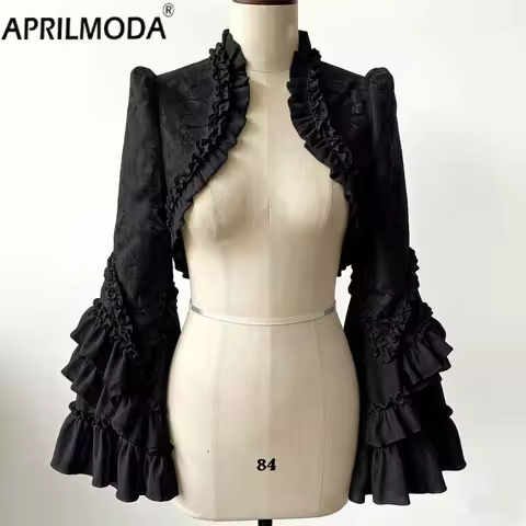 Lolita Japanese Ruffle Cosplay Vintage Shrug Party Bolero Coat Hollowed Out Back Lace Black White Go