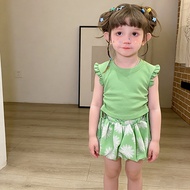 Dopamine floral print set for girls, drawstring T-shirt, shorts, flutter sleeve, bud pants