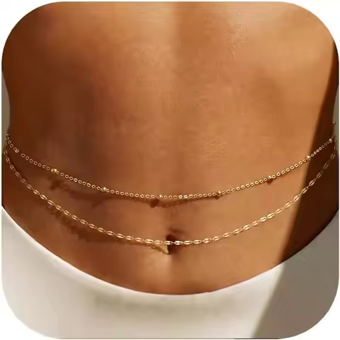 14K Gold Plated Waist Chain Women Layered Waist Beads Belly Body Gold Chain Belt, Waterproof Summer 