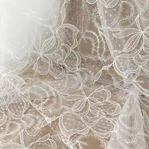 1 Yard Ivory Exquisite Alencon Lace Fabric with Sequins Crochet Floral Embroidery Fabric for Wedding