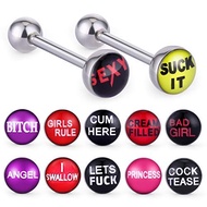 12pcs Fancy Words Pictures Logo Stainless Steel Straight Barbells Tongue Rings Bars Piercing Jewelry