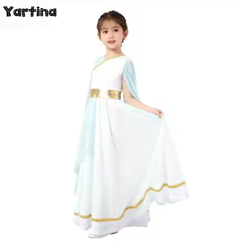 Girls Roman Grecian Athena Gown Queen Dress Ancient Greek Toga Princess Cosplay Costume Shawls Flowy