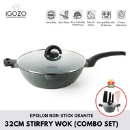 iGOZO Epsilon 32cm Premium Granite Stirfry Wok with Glass Lid