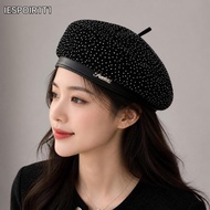 IESPOIR1T1 Beret Cap, Autumn Winter Oversized Painter Cap, Korean Leather Edging Water Diamond Artis