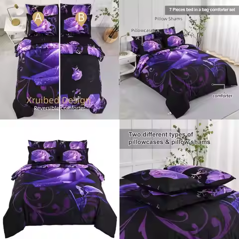 7-Piece Queen Bedding Set with Purple Rose Comforter, Sheet Set & Pillowcases