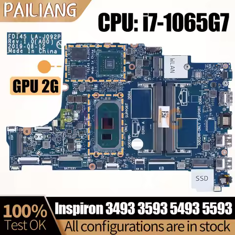 For DELL Inspiron3493 3593 5493 5593 Notebook Mainboard LA-J092P SRG0N i7-1065G7 N17S-G0-A1 0YCVH6 L